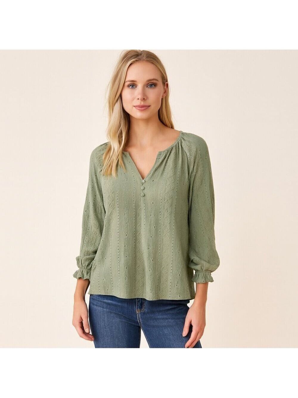 Frye Olive Green Textured Blouse | Dolman Sleeves & Split Neck | EUC